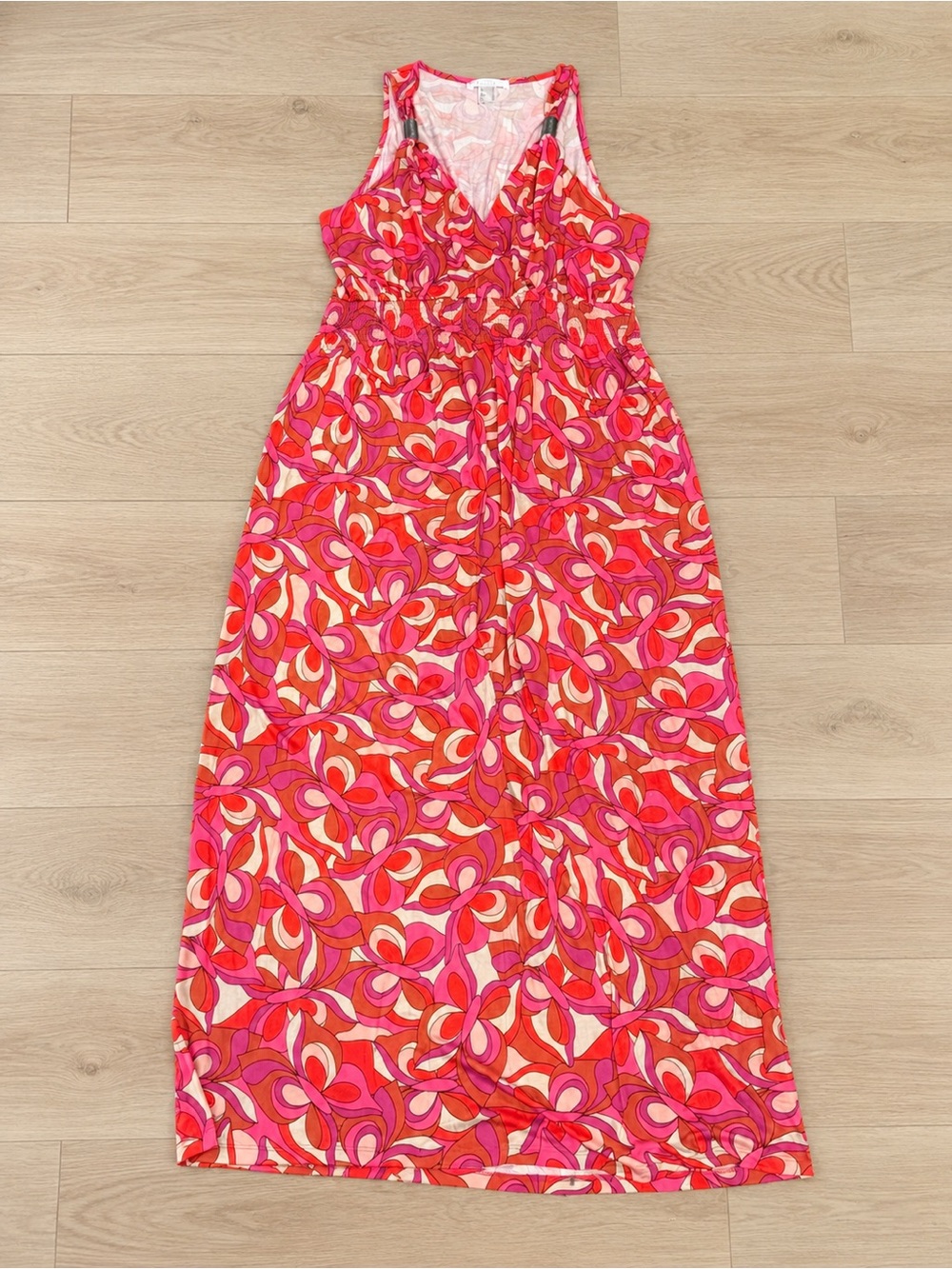 Lascana Venus XL Retro Floral Maxi Dress Pink Orange Smocked V Neck Resort